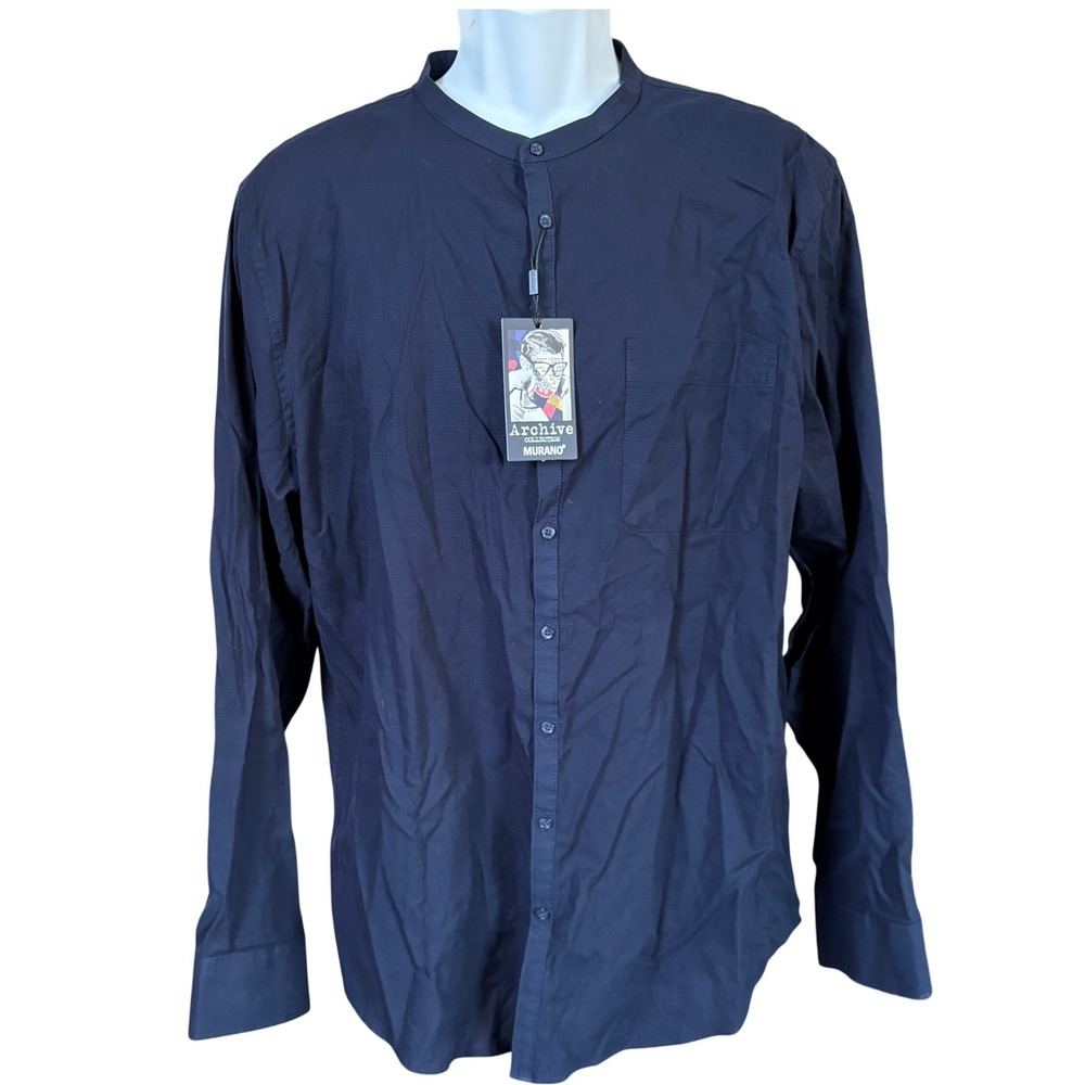 NWT Murano Slim Fit Button Up‎ Shirt Size XL Navy Blue Casual Mandarin Collar
